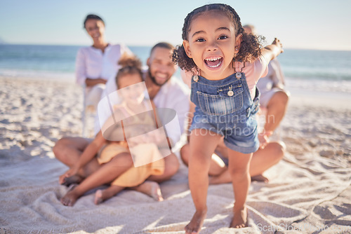 Image of Girl running, family and summer beach, holiday or vacation trip in Costa Rica. Love, travel and portrait of kids on sandy ocean or sea shore having fun, excited and happy smile together with parents.