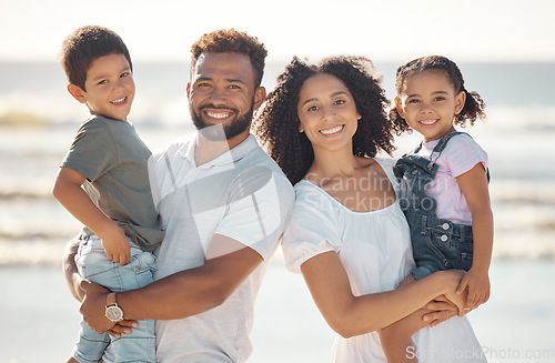 Image of Happy family portrait, miami beach on summer vacation holiday and outdoor vacation sunshine. Children smile on holiday, afro latino parents holding kids on ocean travel and together with blue sky