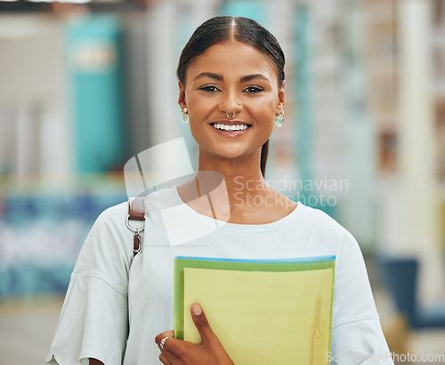 Image of University student, young woman portrait and college learning, studying and education campus. Happy, smile and cool gen z girl learner with exam books, motivation and academic knowledge in Colombia