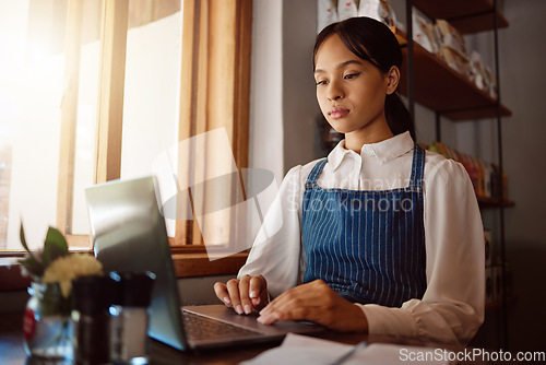 Image of Restaurant owner on laptop, small business and woman from Singapore typing on business finance or menu development online. Manager at cafe or coffee shop startup working on admin, sales or tax report