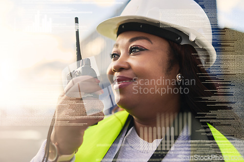 Image of Logistics, cargo and double exposure of manager with walkie talkie radio for distribution contact communication. Overlay of supply chain black woman with shipping data for container stock delivery
