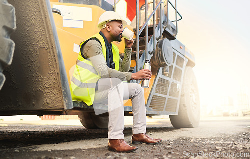 Image of Coffee, construction and break with a building man holding a flask on a site while working as an engineer with a vehicle. Drink, maintenance and contractor with an African American male builder