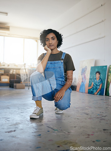 Image of Artist portrait in studio, workshop with gallery of canvas artwork and young confident Indian woman. Professional creative graphic painter, cool art exhibition and designer oil painting lifestyle