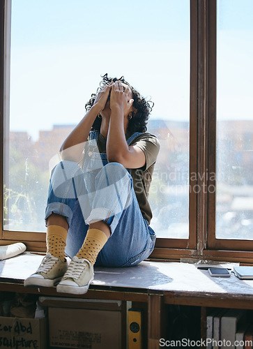 Image of Tired, stress and creative designer with burnout from working at an advertising startup company. Frustrated, depressed and sad marketing worker with work problem mistake and sleeping by a window