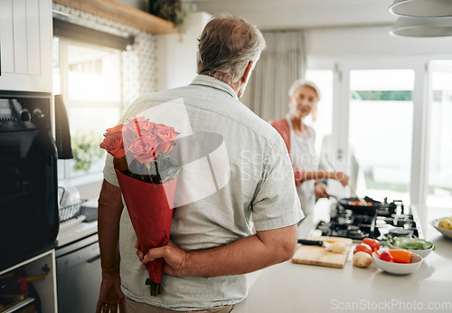 Image of Surprise, roses and a senior couple at home with romantic man spoiling wife with a bouquet of flowers on an anniversary, birthday or valentines day at home. Husband hiding gift for a woman behind his