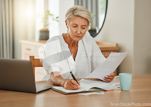 Image of Senior woman with notebook writing budget plan for retirement and review finance documents. Elderly person with pen and paperwork planning financial bank payment, savings and doing home accounting