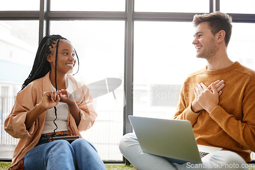 Image of Business, students and internship working opportunity with man and woman working on a laptop in a modern office. Goal, planning and learning by colleagues collaboration on online marketing project