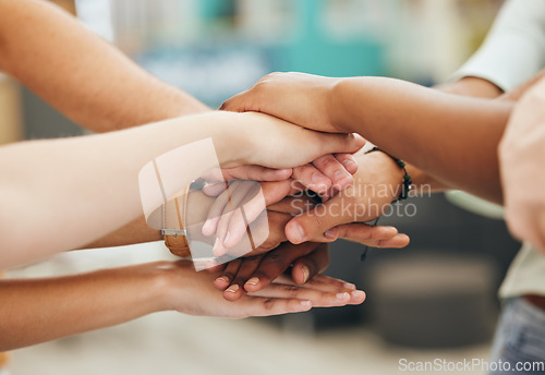 Image of Group hands, teamwork motivation and vision mission for success, partnership goal and cooperation support. Closeup people celebration community, solidarity and diversity of collaboration achievement