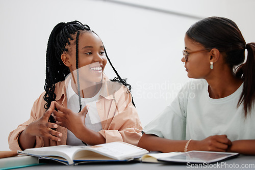 Image of Education, friends and study with girl learning on books and digital tablet in a home, distance learning and school project. Student, help and tutor for university preparation with young learners