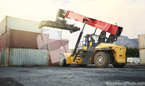 Image of Shipping container, logistics crane truck and supply chain distribution port in freight export industry. Industrial site with transportation for storage, delivery loading and global ecommerce work