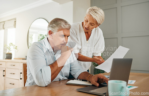 Image of Retirement planning, finance communication and couple talking about insurance with laptop in living room of home. Senior man and woman speaking about savings with documents and internet banking