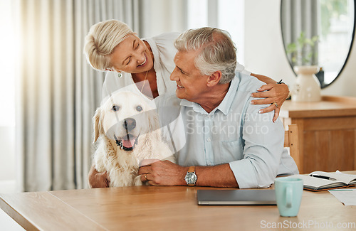 Image of Love, pet and senior couple with dog relax at home bonding, playing and spend quality time together. Retirement life, smile and happy elderly man, woman or family enjoy peace with domestic animal