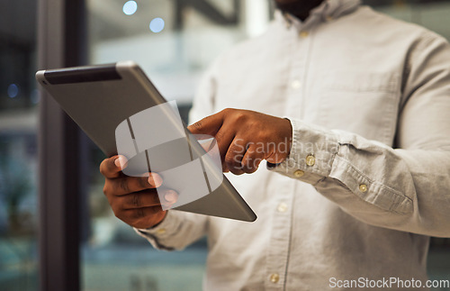 Image of Night office, businessman hands and tablet planning in company for online ideas, strategy and app connection on 5g technology. Closeup employee working in dark modern office for late digital project