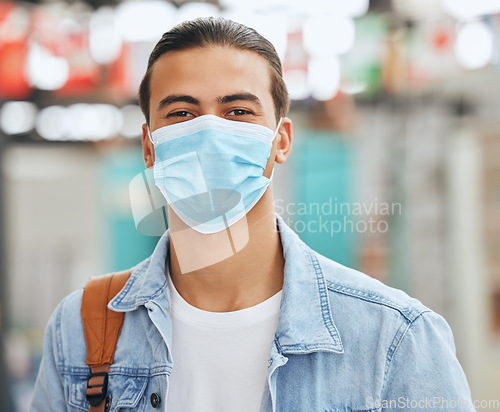 Image of Face mask, covid compliance or man in city, airport or commute travel in government healthcare law. Portrait, student or tourist in covid 19 safety in immigration, medical security or urban traveling