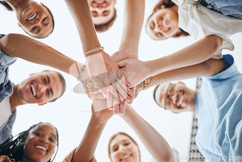 Image of Team, vision and hands in support of team building activity with diverse colleagues having fun outdoors. Goal, mission and collaboration with happy employee group join hand for motivation and target