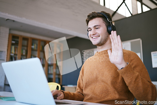 Image of Elearning, video call and student with laptop in online class wave hello for learning, university and education. Young college man in a digital e learning course with internet wifi and zoom call talk