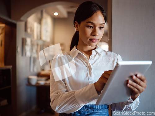 Image of Cafe startup, digital tablet and entrepreneur checking restaurant website online on internet. Small business owner, modern cafeteria and woman leader from mexico planning food menu on mobile device.