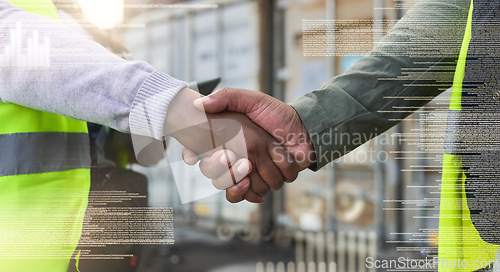 Image of Logistics handshake, construction team or black workers doing b2b business at distribution warehouse. Shipping employees with welcome, networking or partnership meeting at container factory storage