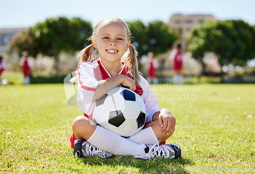 Image of Soccer ball, sports girl and field sitting, training for youth competition match playing at stadium grass. Portrait, young athlete or player enjoy youth football world cup championship game at club