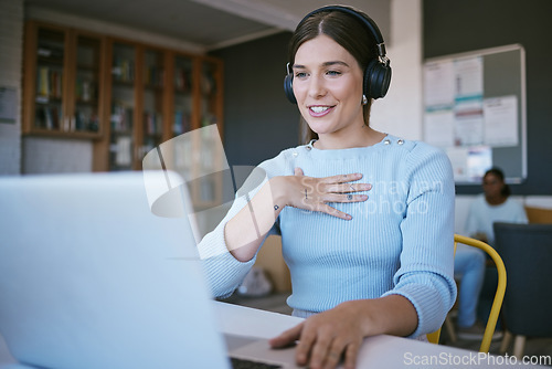 Image of Video call, presentation and student with laptop and headphones talking in virtual class discussion at university library or workspace. College woman teacher in virtual zoom call for elearning course