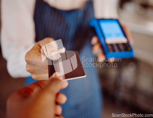 Image of Credit card, machine and restaurant cashier with customer service for easy, safe and pos payment hands. Fintech, ecommerce and retail business owner or waitress with rfid system 5g network technology