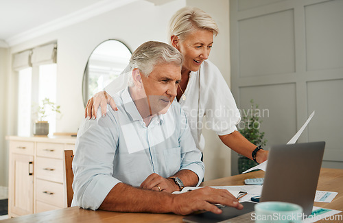 Image of Senior couple with laptop for life insurance documents, home retirement planning or investment with online ecommerce website or banking. Elderly people with tax paperwork, pension or asset management