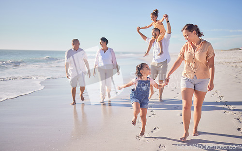 Image of Family, beach and happy in cancun vacation in summer with smile, laugh and love together walking on the sand. Laugh, bonding and chasing joy while men, women and kids playing on holiday travel