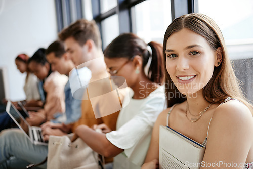 Image of Recruitment, waiting room and students portrait at internship opportunity, HR interview or career application at university, Gen z research scholarship candidate people for Human Resources hiring job