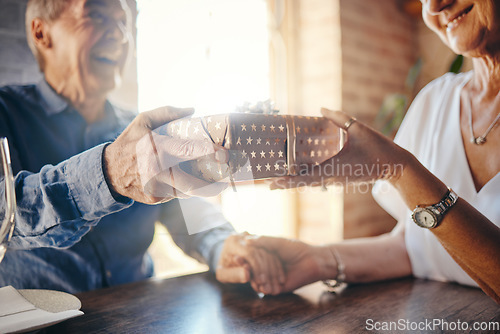 Image of Box, love and senior couple with a gift exchange in celebration of a romantic and happy marriage anniversary. Smile, romance and married man giving an elderly wife a surprise present to celebrate her