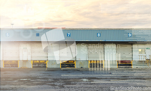 Image of Empty logistics, industrial and cargo shipping site for product distribution, dispatch and storage. Supply chain warehouse, commercial building and loading bay garage door for export freight delivery