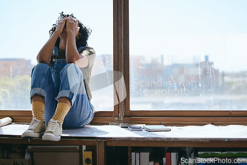Image of Burnout, anxiety and fatigue creative student frustrated lack of inspiration, studying or learning problem in university classroom. College woman by window crying, stress or mental health depression