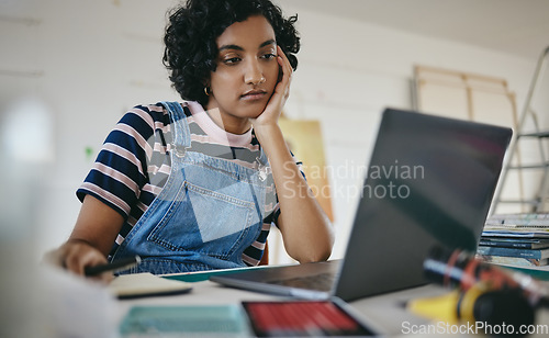 Image of Laptop, woman and bored student on desk in home, tired or exhausted working on project. Thinking, overwork and distracted female doing boring dull homework trying to think of ideas, focus or study.