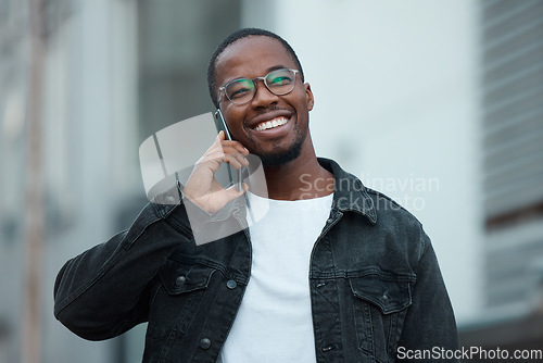 Image of Happy black man, smile and urban phone call for communication and connection in smart casual outdoors. Smart man with glasses smiling for mobile 5G technology speaking on smartphone in South Africa