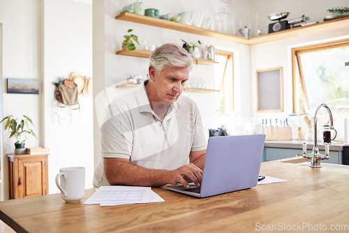 Image of Senior man, laptop and working in kitchen on retirement plan, budget and expenses at home. Elderly male typing on computer in Australia, planning finances, checking or sending email on technology