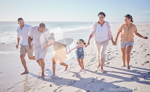 Image of Beach walk, family summer and children holding hands with grandparents while walking by the sea on holiday. Parents, girl kids and senior people walking by the ocean on travel vacation in Brazil