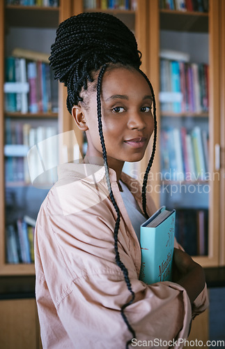 Image of Black woman portrait, university student and library campus for learning, studying and college education in Brazil. Young gen z girl at reading bookshelf, exam project research and academic knowledge