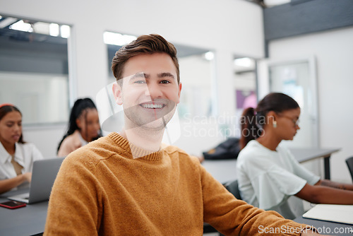 Image of Lecture, learning and student in class portrait happy with university education, knowledge or scholarship. Young gen z college people and man with vision for success, study motivation or course goals