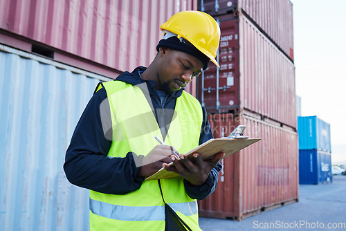 Image of Shipping, cargo and checklist by man doing checklist for freight and logistics at supply chain. Container, warehouse and ecommerce stock management by manager doing inventory at industrial factory