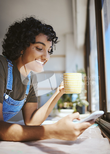 Image of Coffee, social network and woman on smartphone happy with online chat app, reading email for creative opportunity or internet inspiration. Gen z on cellphone social media update and morning espresso