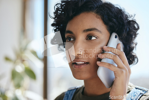 Image of Young woman, talking and with phone for call, connect and speaking on mobile smartphone. Girl from Brazil and cellphone for connection, conversation and listen to contact for communication.