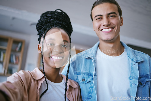 Image of Selfie, friends and portrait smile at university campus and happy for learning, education and friendship in a library. Young Mman and woman students at college smile for scholarship and knowledge