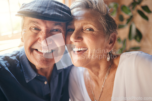 Image of Face, selfie and senior couple bonding in restaurant, coffee shop or cafe for love marriage anniversary, celebration event or retirement. Zoom, man and mature woman in pov photograph with comic smile