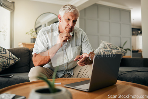 Image of Covid, telehealth and pcr with senior man on laptop for medical, sick and corona virus test his home sofa. Digital, online tutorial and or healthcare exam with elderly person doing nose check