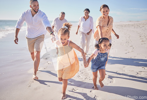 Image of Family, running and beach vacation for children, parents and grandparents enjoying energy and summer travel on fun tropical trip. Wellness and happy men, women and girl kids on costa rica holiday