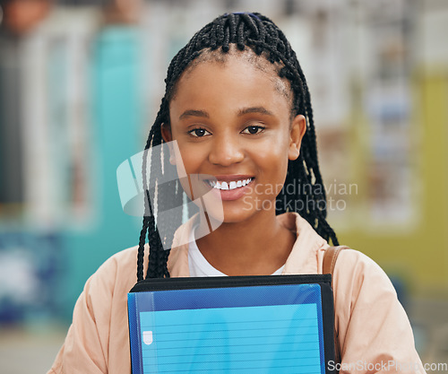 Image of College student, black woman portrait and university studying, learning and education at campus. Happy, smile and cool gen z young girl with exam books, motivation and academic knowledge in Jamaica