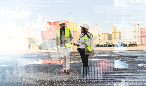 Image of Business people, logistics and shipping, industry warehouse workers in container yard double exposure or analytics overlay. Industrial employee working in supply chain management for transportation