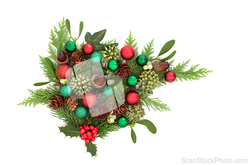 Image of Christmas Winter Greenery with Red and Green Ball Decorations