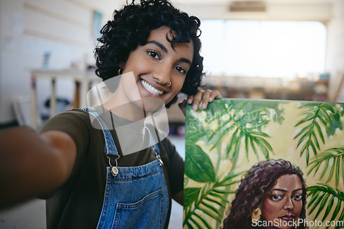 Image of Selfie, painting and art work of a woman student from India happy about her artist portrait. Creative painter person with a smile done with a creativity paint canvas and drawing design in a studio