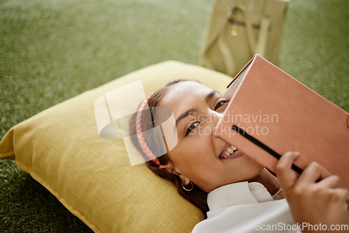 Image of Study, education and relax student woman on pillow with book for planning, reading work and university course planner. Happy portrait of college girl with notes studying for exam or learning test