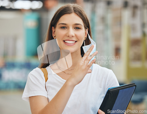 Image of College student woman take off face mask for end of covid pandemic at university for learning, knowledge and back to school education in Canada. Portrait happy female smile for corona virus freedom